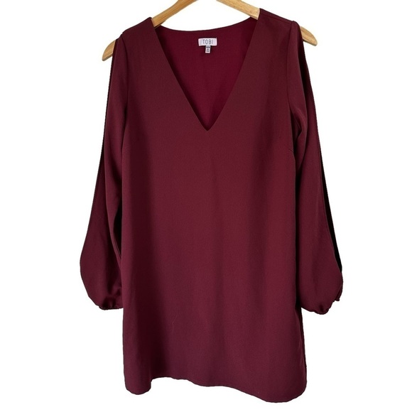 TOBI Open Sleeve Burgundy Chiffon V-Neck Dress, Medium - Picture 9 of 14